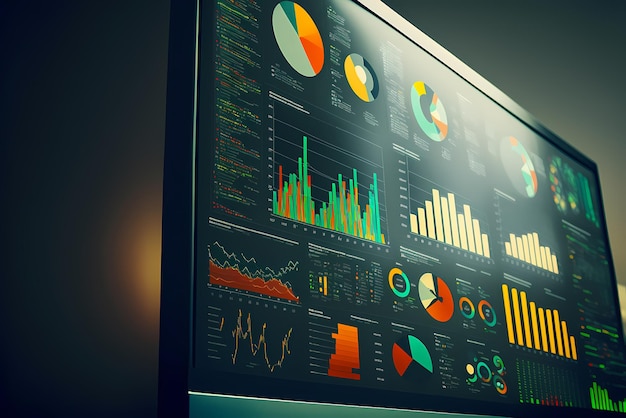 A computer screen displaying multiple financial reports graphs and pie for business management