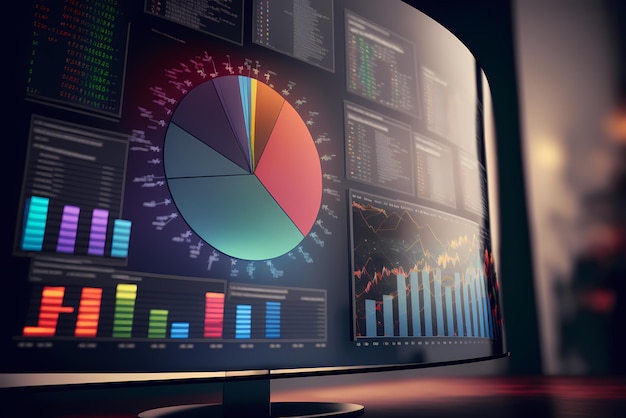 A computer screen displaying multiple financial reports graphs and pie for business management