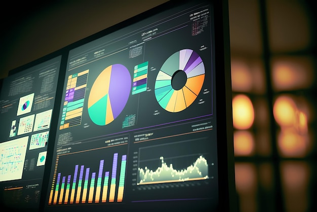 A computer screen displaying multiple financial reports graphs and pie for business management