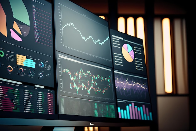 A computer screen displaying multiple financial reports graphs and pie for business management