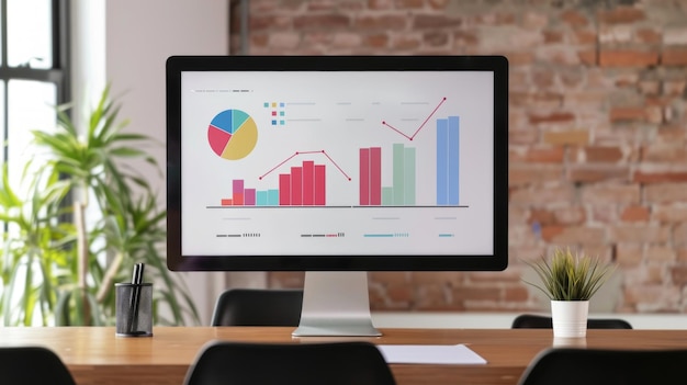 Photo a computer screen displays a business chart with colorful graphs and a pie chart