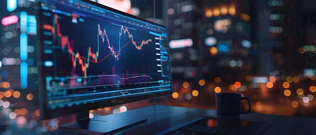 A computer screen displays a stock market graph while a mug sits on the desk in the foreground with