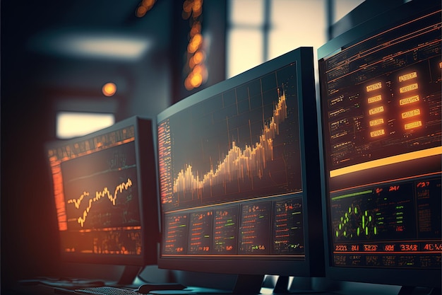 Computer screen monitors with statistic financial graphs analytics and statistics Generative Ai