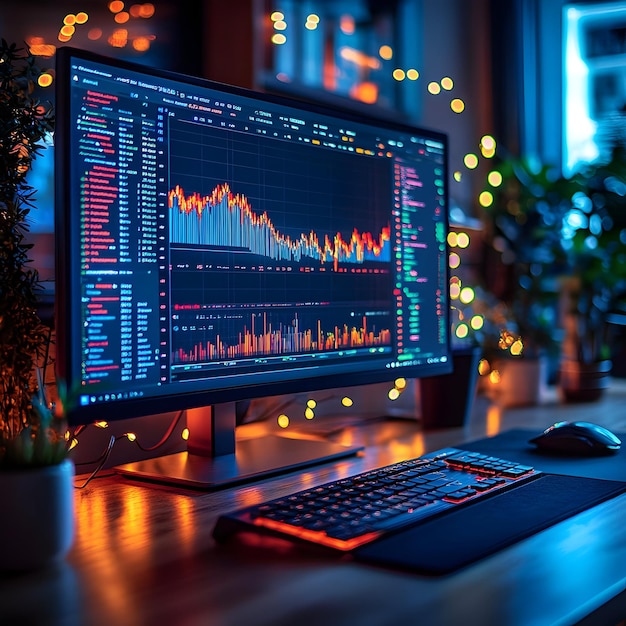 Computer Screen Showing Stock Market Data with Keyboard and Mouse