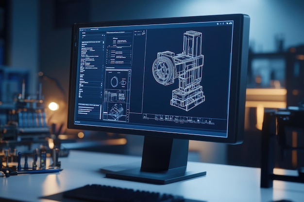 Photo computer screen shows technical blueprint of industrial machine