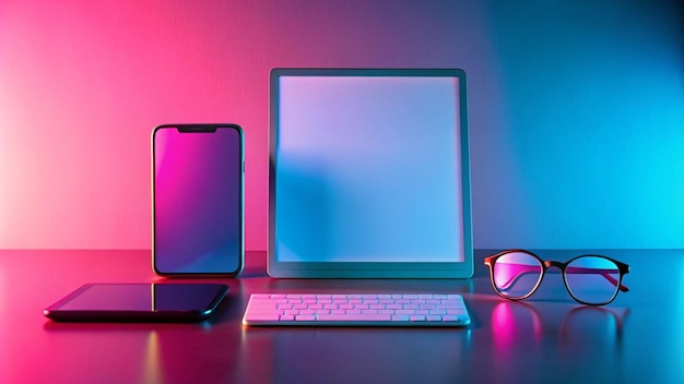 a computer screen that has a white keyboard and a phone on it