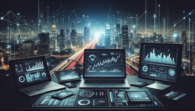 a computer screen with a graph on it and a laptop on the desk