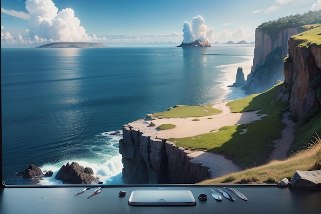 A computer screen with a landscape in the background and a blue sky with clouds.