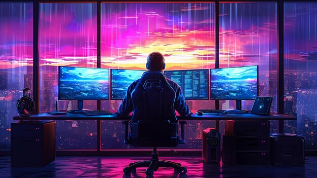 a computer screen with a man sitting in front of a computer with a sunset in the background