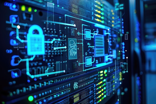 A computer server equipped with a padlock to ensure enhanced security protocols are in place Diagram of a computer system with builtin cyber defences AI Generated