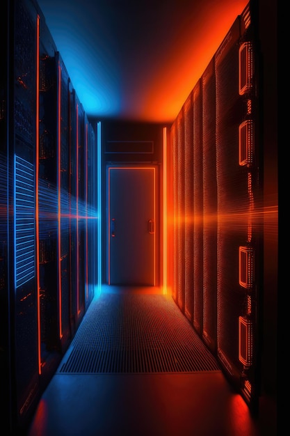 Computer servers with orange and blue lights in server farm created using generative ai technology