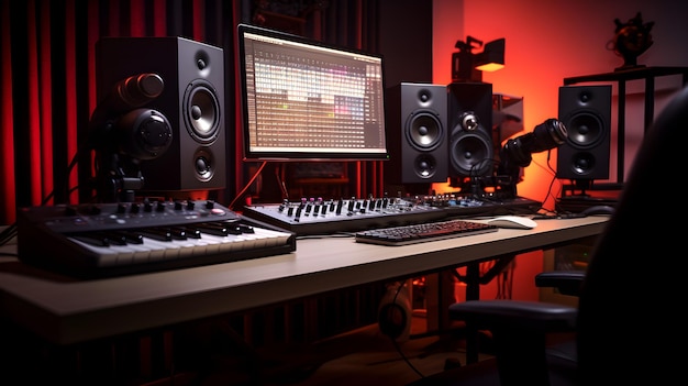 Computer speakers and audio equipment on the table in the recording studio