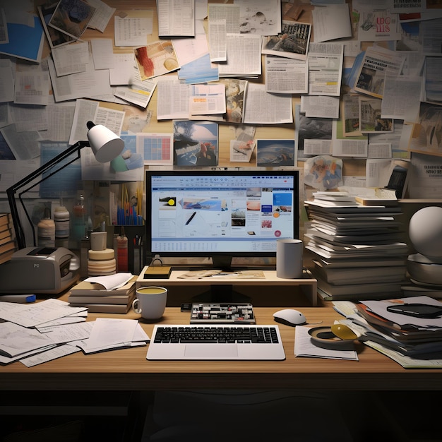 a computer stands against a backdrop of scattered papers