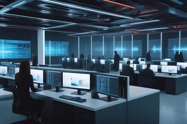 Computer in System Control Monitoring Center Workspaces with Many Displays Showing Technical Data