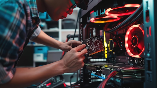 Computer technician installing modern graphics card in gaming pc