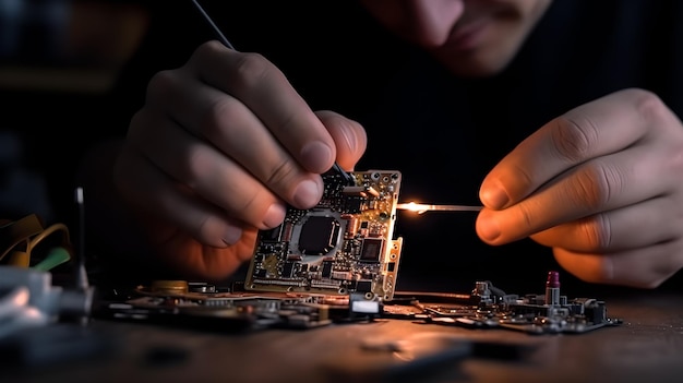 Computer technician repairing a computer motherboard Computer repair and overhaul IT Professional Generative ai