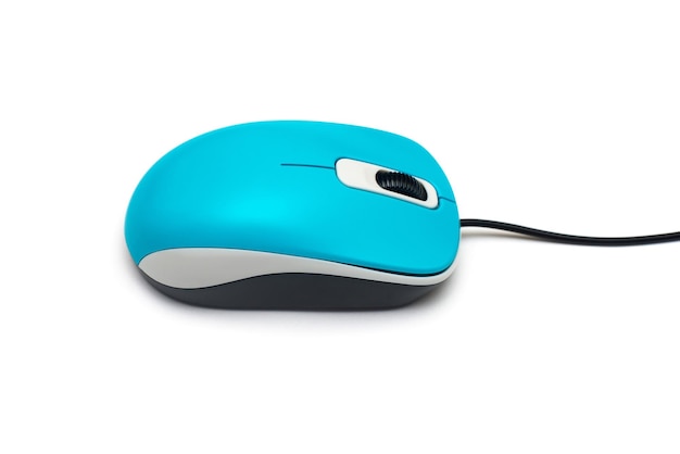 Computer Trendy Wired Mouse Blue Isolated on a White Background. Flat lay, top view