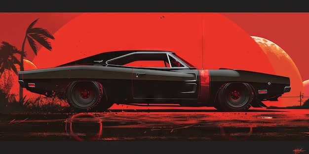 A computer wallpaper depicting a black 1969 Dodge Charger DAYTONA Gritty digital drawing muscle and