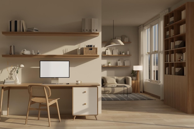 Computer white screen mockup with decor on a wooden table in cozy minimal home workspace