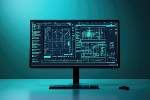 Photo computer with blue and green display showing a blueprint