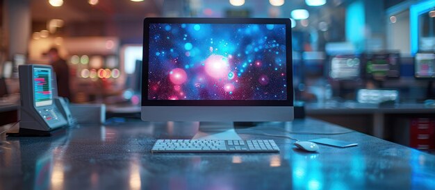 Photo computer with a cosmic desktop background