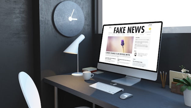 Computer with fake news on desktop at navy room 3d rendering