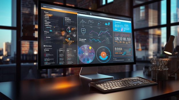 Computer with graphs and charts on a desk in an office Futuristic CRM Software CRM Design