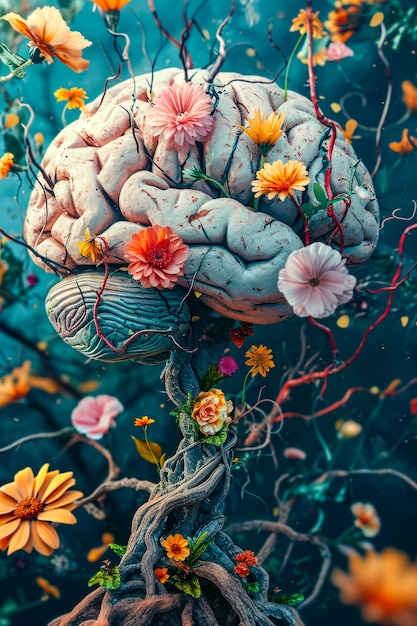 Computergenerated or artificial brain is placed in tree surrounded by flowers giving it flowers