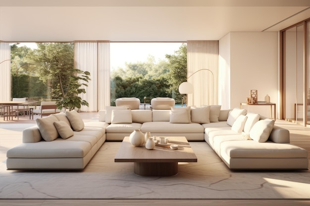 A computergenerated image of a bright and spacious living room with a modern and luxurious design pr