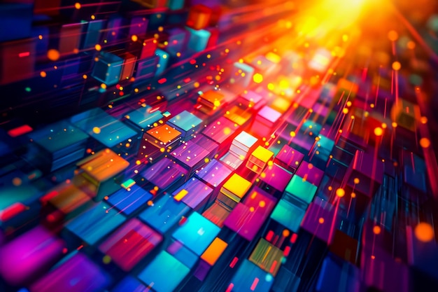 Computergenerated image of many colorful squares lit up by bright light in the center giving