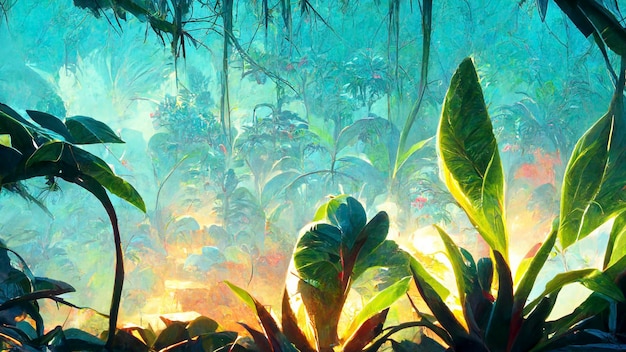 Computergenerated tropical landscape illustration watercolors acrylics and ink CGI