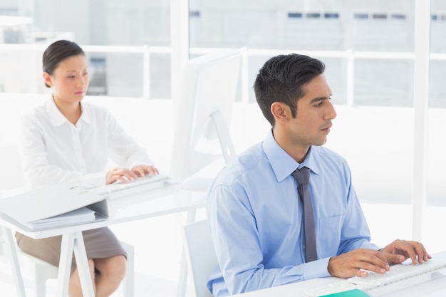 Concentrate work team using computer 