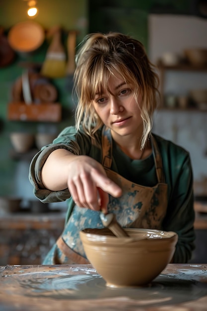 Photo concentrated female potter shaping clay on pottery wheel