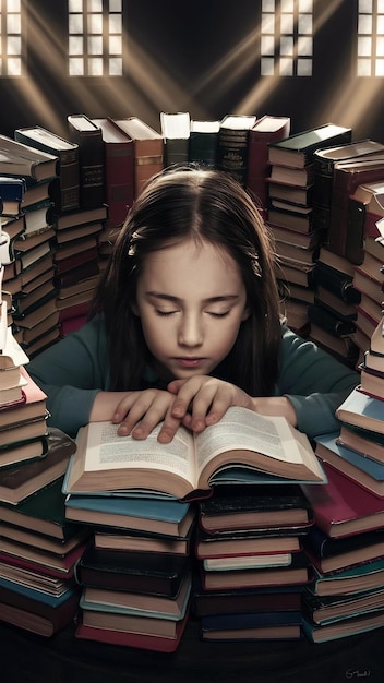 Concentrated girl surrounded by books