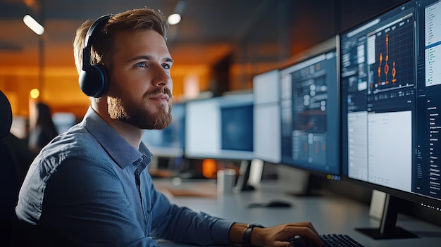 Photo concentrated programmer working on monitors in office