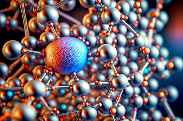 Concentrated structure of molecule closeup in form of silver grid with cells and spheres