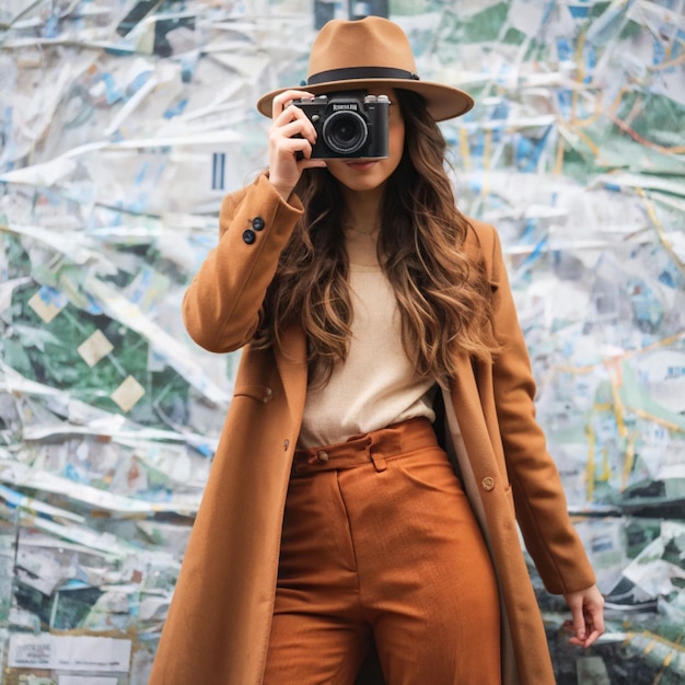 Photo concentrated woman taking pictures outdoors using old vintage camera