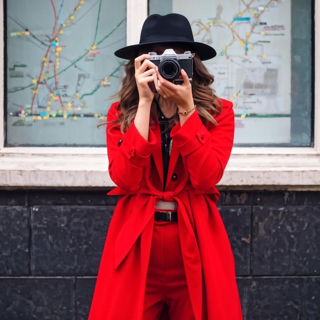 Photo concentrated woman taking pictures outdoors using old vintage camera