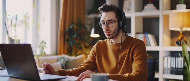 Concentrated young man working from home using laptop and headphones in a cozy setting