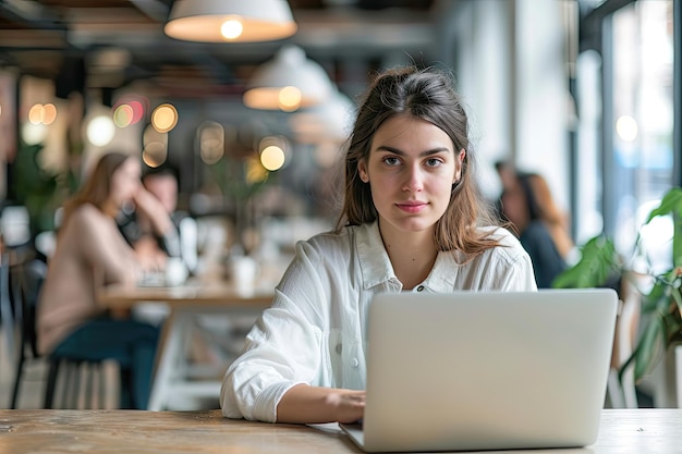 Concentrated young woman working diligently on a laptop in a welllit office with greenery and contemporary design