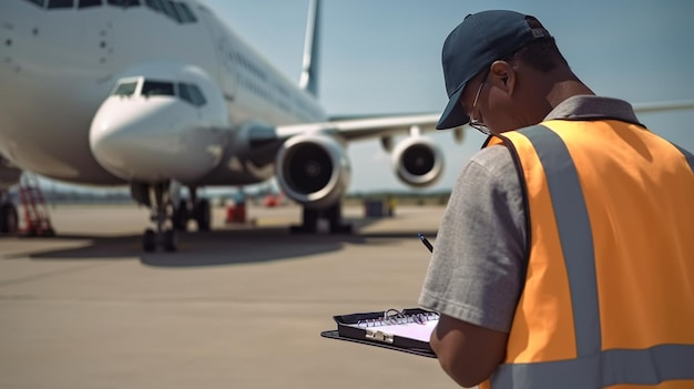 Concentrating on the task at hand Rear view of a ground crew member recording information on a clipboard as they inspect the aircraft before takeoff using Generative AI