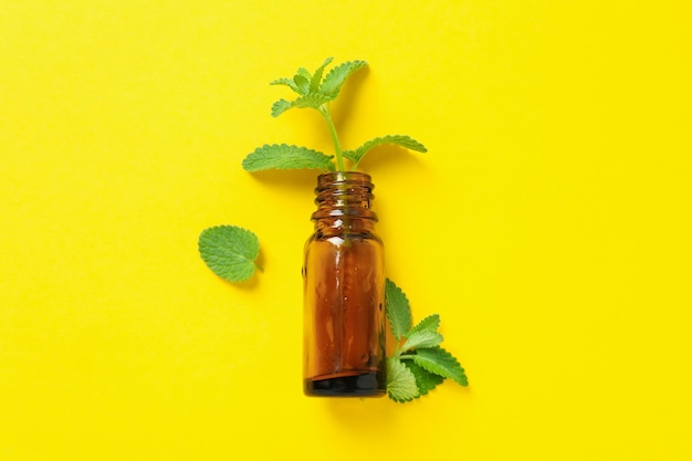 Concept of aromatherapy with mint on yellow background