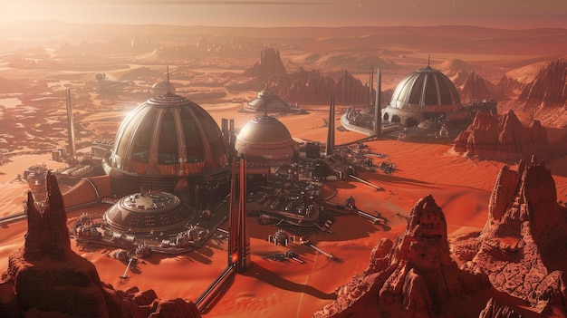 Concept Art of Dystopian societies on Mars with domed cities and harsh red landscapes