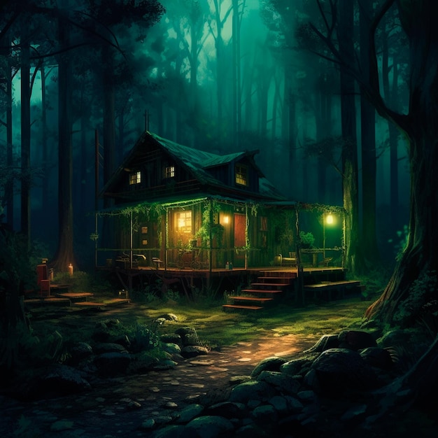 Concept art of forest home green Lights dark aesthetic