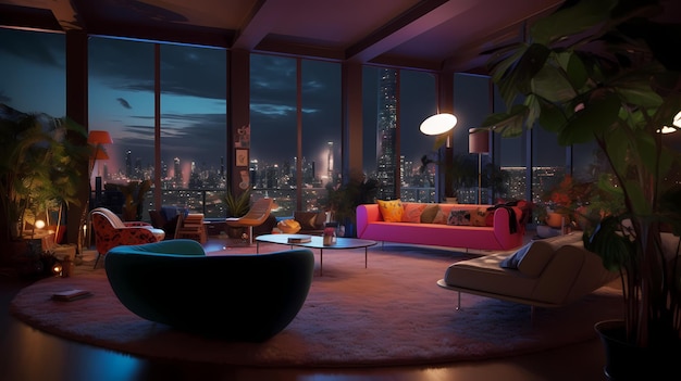 Concept art illustration of apartment living room interior in New York city Generative AI