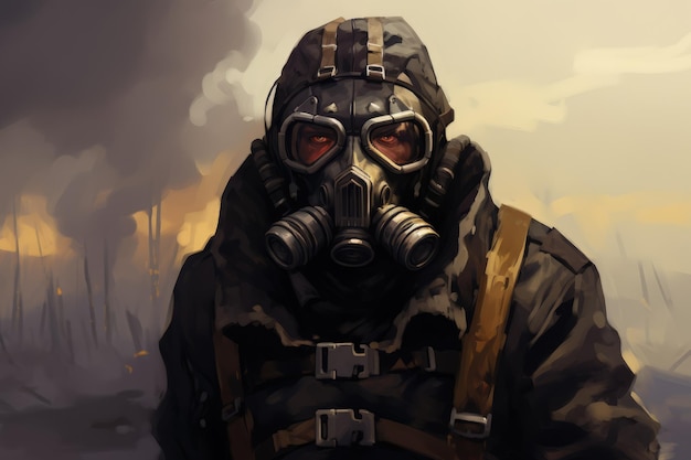 Concept Art Of a Strong Military Wearing a Gasmask Generative AI