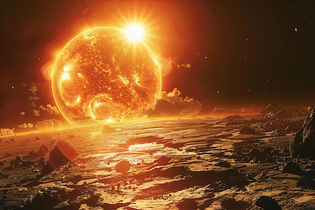 Concept art of the sun and earth sun shining on planet with orange glow