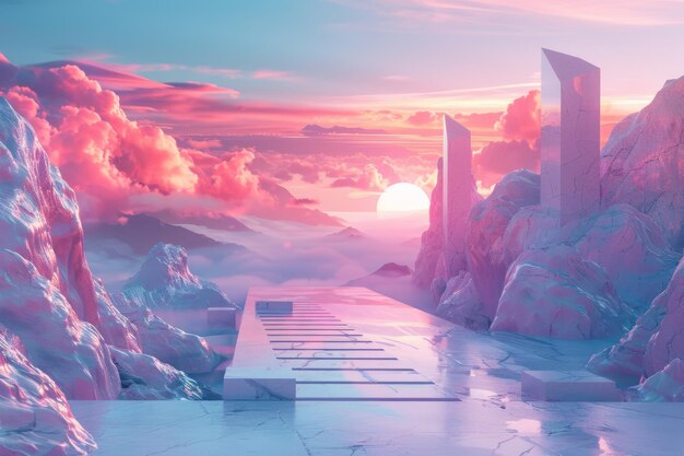 Concept art for a virtual reality environment with a gradient sky and interactive geometric objects