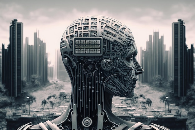 Concept of artificial intelligence controlling the world humanoid artificial intelligence AI