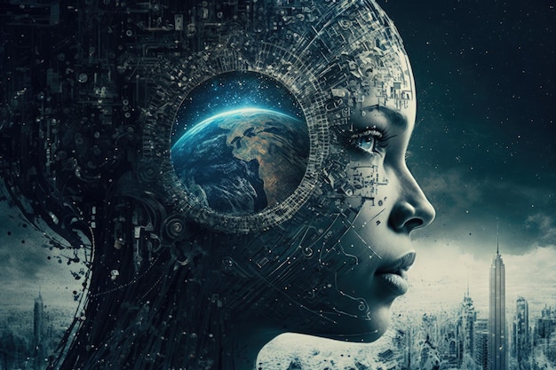 Concept of artificial intelligence controlling the world humanoid artificial intelligence AI